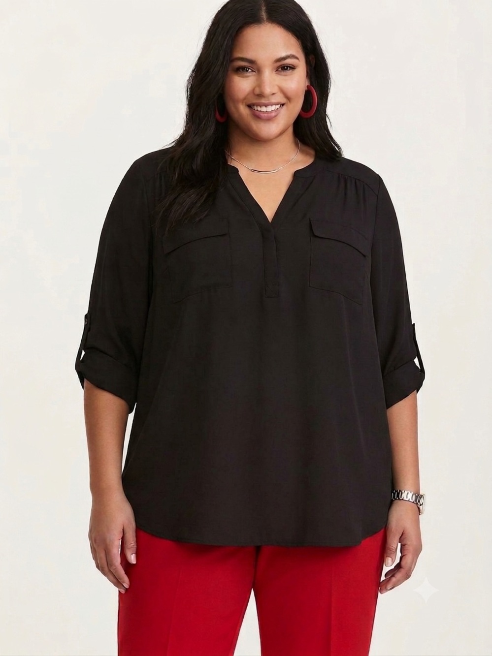 TORRID Harper Georgette V-Neck Pullover 3/4 Sleeve Roll Tab Sleeve Blouse